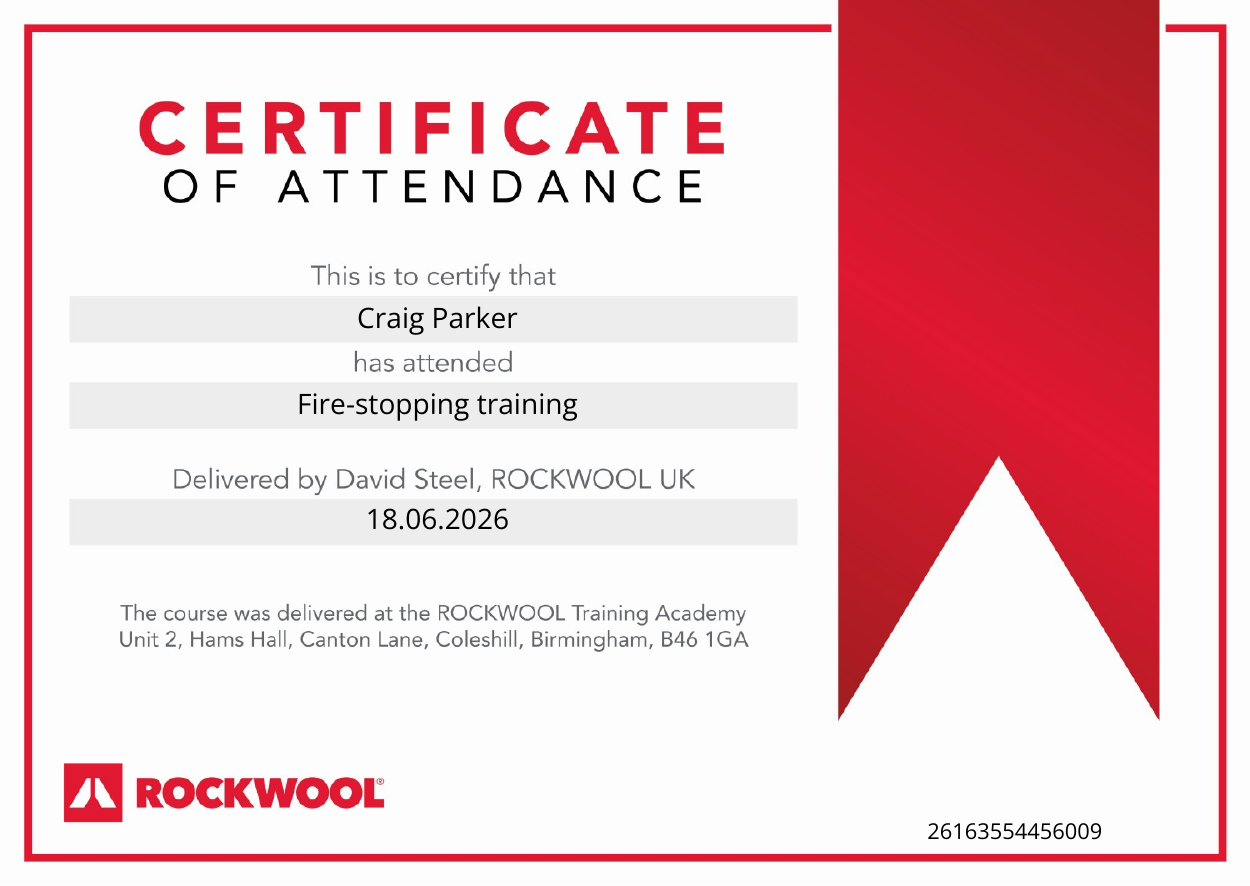 ROCKWOOL Fire-stopping training certificate of attendance
